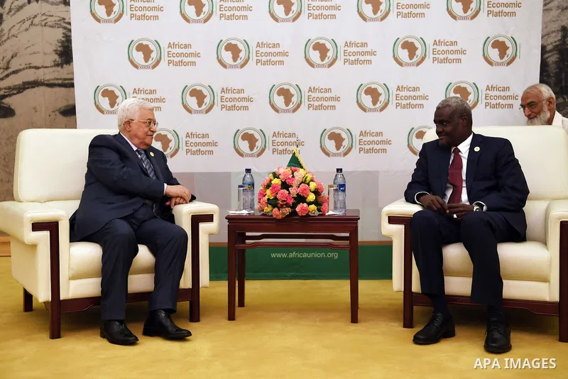 Palestinian President Mahmoud Abbas meets with chairman of the African Union Commission Moussa Faki, on the sidelines of the 29th Ordinary Session of the Assembly of the Heads of State and the Governments, in Addis Ababa...