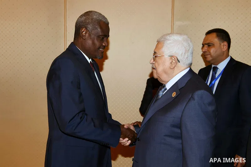 Palestinian President Mahmoud Abbas meets with chairman of the African Union Commission Moussa Faki, on the sidelines of the 29th Ordinary Session of the Assembly of the Heads of State and the Governments, in Addis Ababa...