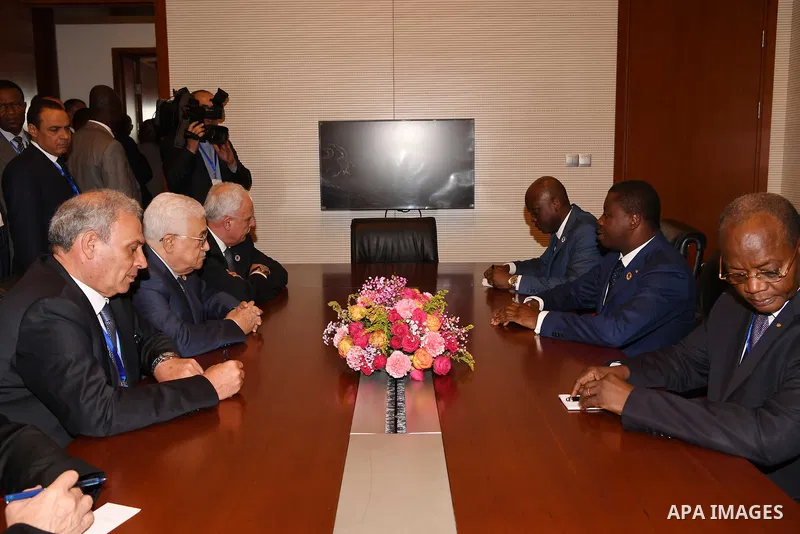 Palestinian President Mahmoud Abbas meets with President of Togo Faure Essozimna Gnassingbe, on the sidelines of the 29th Ordinary Session of the Assembly of the Heads of State and the Governments, in Addis Ababa, Ethiop...