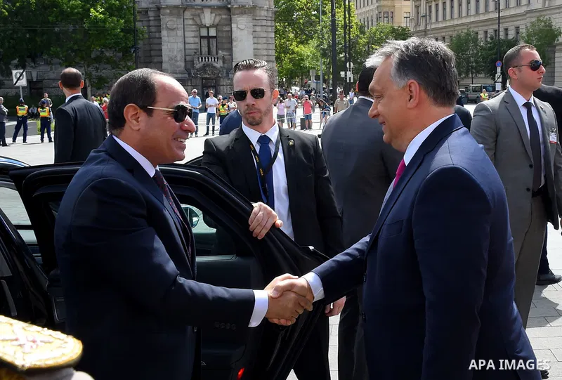 Hungarian Prime Minister Viktor Orban welcomes to Egyptian President Abdel Fattah al-Sisi before their meeting in the Parliament building in Budapest, Hungary on July 3, 2017. Photo by Egyptian President Office
