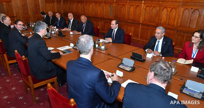 Egyptian President Abdel Fattah al-Sisi meets with Speaker of the Hungarian Parliament Laszlo Kover in the Parliament building in Budapest, Hungary on July 3, 2017. Photo by Egyptian President Office