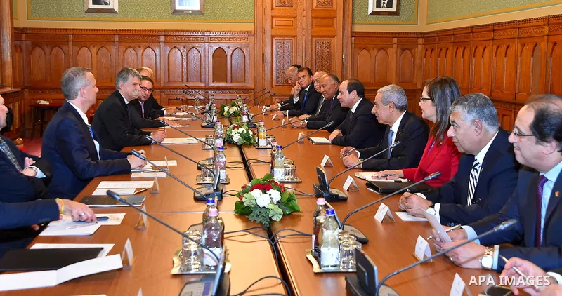 Egyptian President Abdel Fattah al-Sisi meets with Speaker of the Hungarian Parliament Laszlo Kover in the Parliament building in Budapest, Hungary on July 3, 2017. Photo by Egyptian President Office