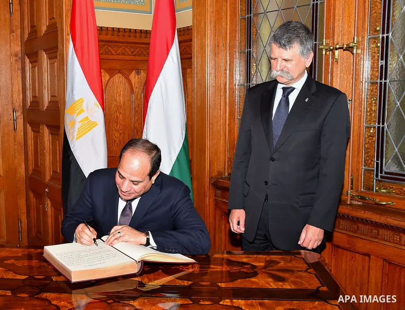 Egyptian President Abdel Fattah al-Sisi meets with Speaker of the Hungarian Parliament Laszlo Kover in the Parliament building in Budapest, Hungary on July 3, 2017. Photo by Egyptian President Office