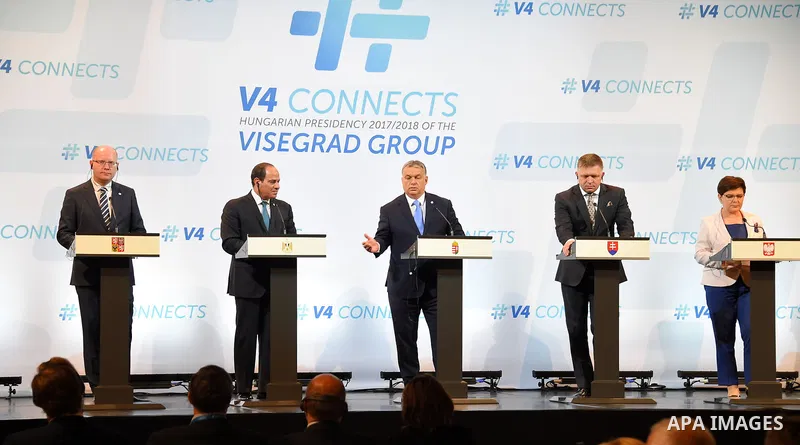 Participants of a summit of the Visegrad group countries (V4) and Egypt, (L to R) Prime Minister of the Czech Republic Bohuslav Sobotka, Egyptian President Abdel Fattah al-Sisi, Hungarian Pime Minister Viktor Orban, Slov...