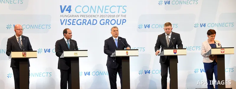 Participants of a summit of the Visegrad group countries (V4) and Egypt, (L to R) Prime Minister of the Czech Republic Bohuslav Sobotka, Egyptian President Abdel Fattah al-Sisi, Hungarian Pime Minister Viktor Orban, Slov...