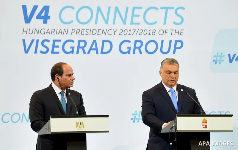 Egyptian President Abdel Fattah al-Sisi and Hungarian Prime Minister Viktor Orban give a joint press conference in Budapest on July 4, 2017 during a summit of the Visegrad group countries (V4) and Egypt. Photo by Egyptia...