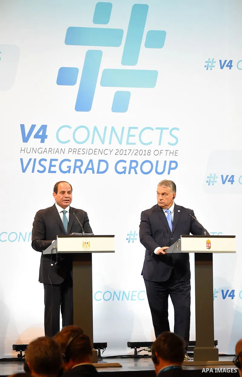 Egyptian President Abdel Fattah al-Sisi and Hungarian Prime Minister Viktor Orban give a joint press conference in Budapest on July 4, 2017 during a summit of the Visegrad group countries (V4) and Egypt. Photo by Egyptia...