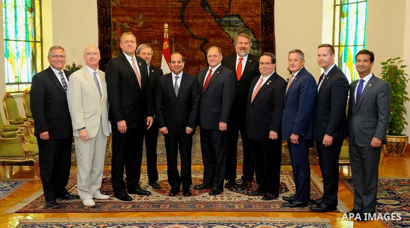 Egyptian President Abdel Fattah al-Sisi meets with a delegation from the US Congress, in Cairo, Egypt, on July 5, 2017. Photo by Egyptian President Office