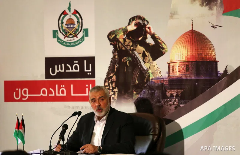 Hamas Chief Ismail Haniyeh gives a speech in Gaza City on July 5, 2017. Haniya said that meetings between his movement and the Egyptian authorities would ease the siege imposed on the Gaza Strip for more than a decade. P...