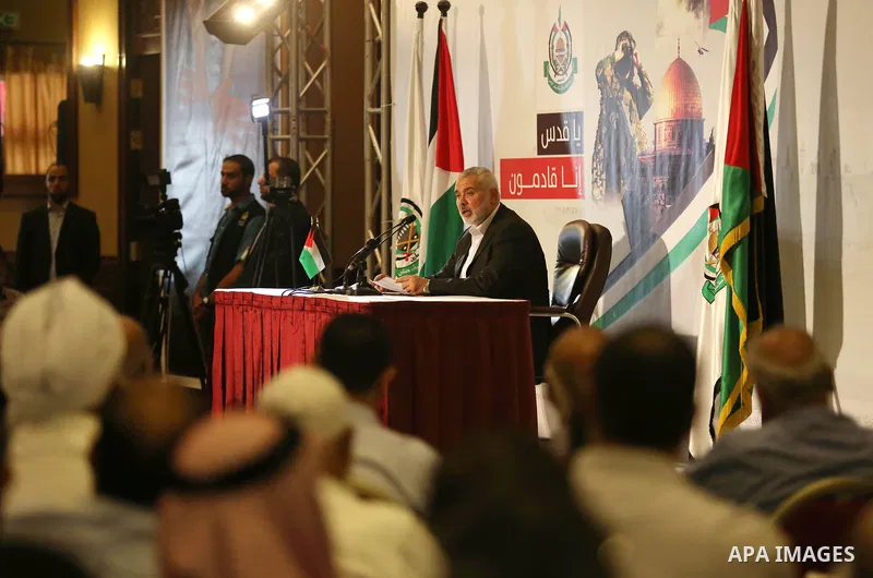 Hamas Chief Ismail Haniyeh gives a speech in Gaza City on July 5, 2017. Haniya said that meetings between his movement and the Egyptian authorities would ease the siege imposed on the Gaza Strip for more than a decade. P...