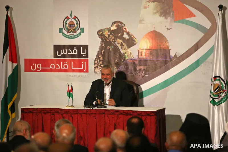 Hamas Chief Ismail Haniyeh gives a speech in Gaza City on July 5, 2017. Haniya said that meetings between his movement and the Egyptian authorities would ease the siege imposed on the Gaza Strip for more than a decade. P...