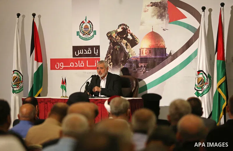 Hamas Chief Ismail Haniyeh gives a speech in Gaza City on July 5, 2017. Haniya said that meetings between his movement and the Egyptian authorities would ease the siege imposed on the Gaza Strip for more than a decade. P...