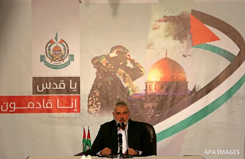 Hamas Chief Ismail Haniyeh gives a speech in Gaza City on July 5, 2017. Haniya said that meetings between his movement and the Egyptian authorities would ease the siege imposed on the Gaza Strip for more than a decade. P...