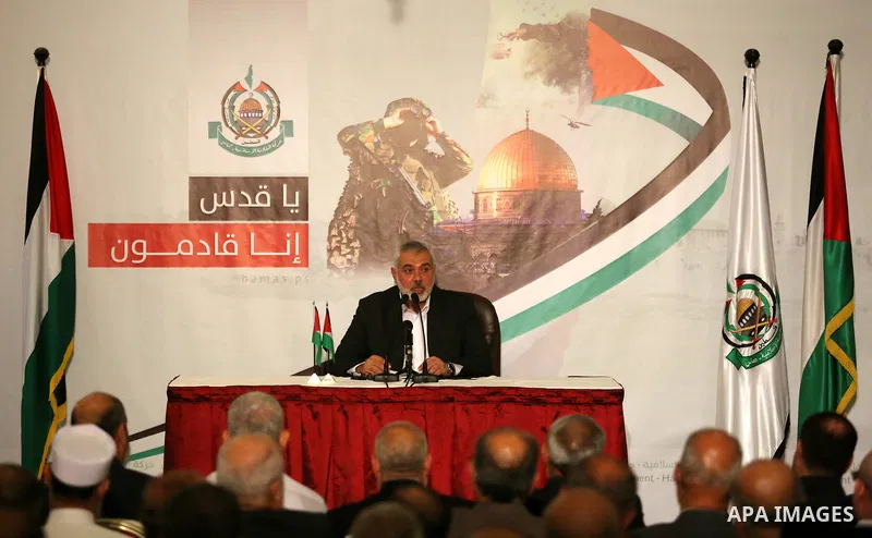 Hamas Chief Ismail Haniyeh gives a speech in Gaza City on July 5, 2017. Haniya said that meetings between his movement and the Egyptian authorities would ease the siege imposed on the Gaza Strip for more than a decade. P...