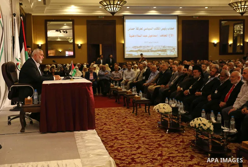 Hamas Chief Ismail Haniyeh gives a speech in Gaza City on July 5, 2017. Haniya said that meetings between his movement and the Egyptian authorities would ease the siege imposed on the Gaza Strip for more than a decade. P...