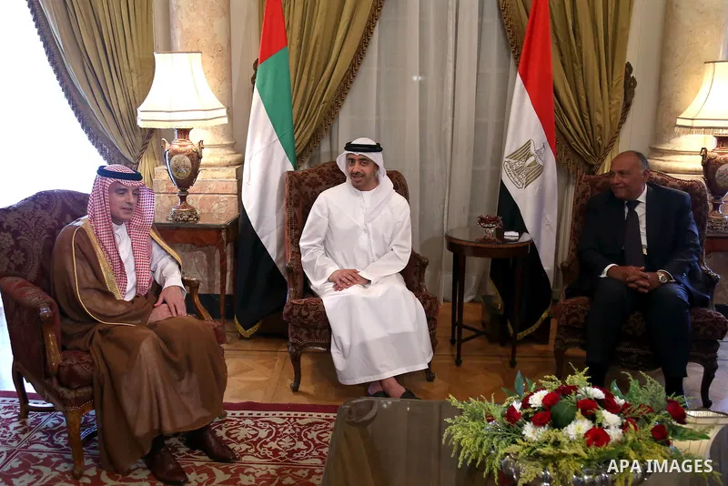 Bahraini Foreign Minister Khalid bin Ahmed al-Khalifa, Egyptian Foreign Minister Sameh Shoukry, Saudi Foreign Minister Adel al-Jubeir, and UAE Minister of Foreign Affairs and International Cooperation Abdullah bin Zayed...