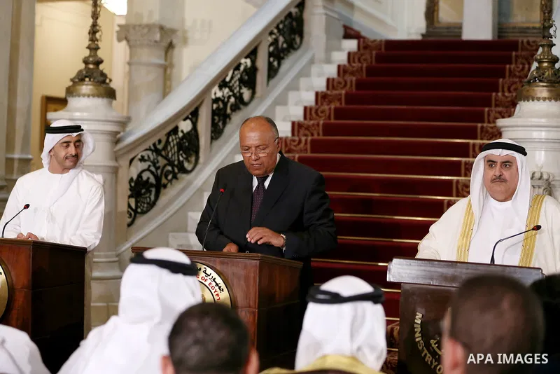 Egyptian Foreign Minister Sameh Shoukry talks to reporters during a joint press conference with UAE Minister of Foreign Affairs and International Cooperation Abdullah bin Zayed Al-Nahyan and Saudi Foreign Minister Adel a...