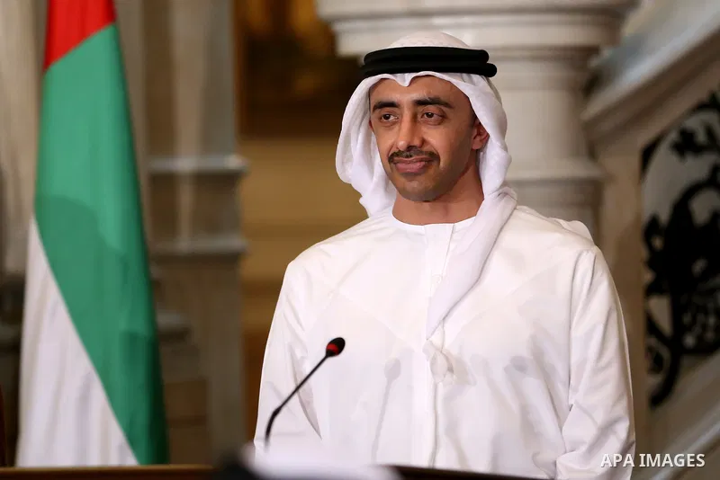 UAE Minister of Foreign Affairs and International Cooperation Abdullah bin Zayed Al-Nahyan talks to reporters, during a joint press conference with their Egyptian and Bahraini and Saudi counterparts after their meeting i...