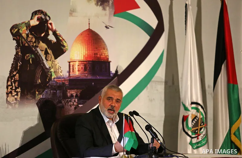 Hamas Chief Ismail Haniyeh gives a speech in Gaza City on July 5, 2017. Haniya said that meetings between his movement and the Egyptian authorities would ease the siege imposed on the Gaza Strip for more than a decade. P...