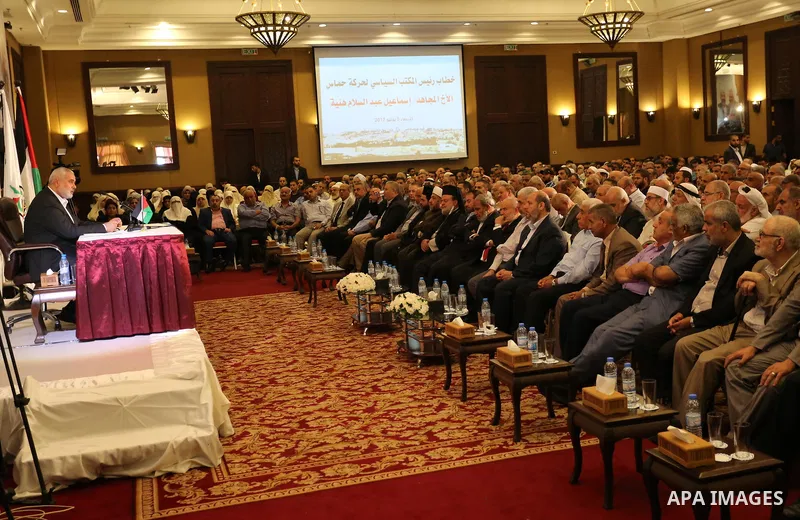 Hamas Chief Ismail Haniyeh gives a speech in Gaza City on July 5, 2017. Haniya said that meetings between his movement and the Egyptian authorities would ease the siege imposed on the Gaza Strip for more than a decade. P...