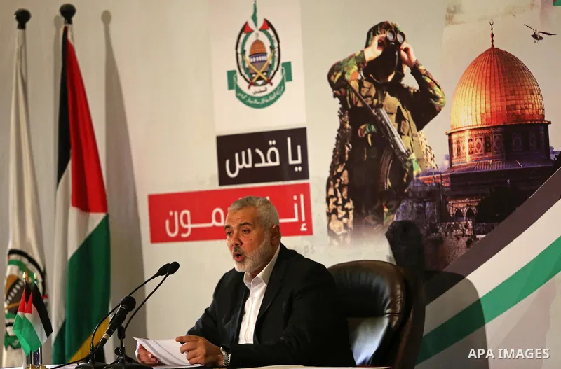 Hamas Chief Ismail Haniyeh gives a speech in Gaza City on July 5, 2017. Haniya said that meetings between his movement and the Egyptian authorities would ease the siege imposed on the Gaza Strip for more than a decade. P...