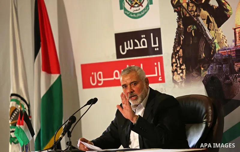 Hamas Chief Ismail Haniyeh gives a speech in Gaza City on July 5, 2017. Haniya said that meetings between his movement and the Egyptian authorities would ease the siege imposed on the Gaza Strip for more than a decade. P...