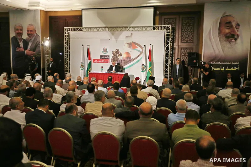 Hamas Chief Ismail Haniyeh gives a speech in Gaza City on July 5, 2017. Haniya said that meetings between his movement and the Egyptian authorities would ease the siege imposed on the Gaza Strip for more than a decade. P...
