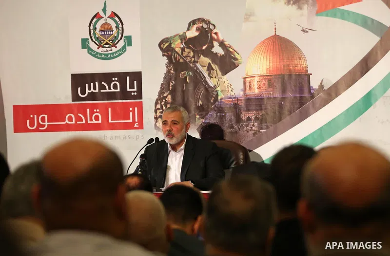 Hamas Chief Ismail Haniyeh gives a speech in Gaza City on July 5, 2017. Haniya said that meetings between his movement and the Egyptian authorities would ease the siege imposed on the Gaza Strip for more than a decade. P...