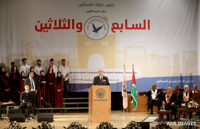 Palestinian Prime Minister Rami Hamdallah attends the graduation ceremony of the 37 at Al-Najah University in West bank city of Nablus on July 6,2017. Photo by Prime Minister Office