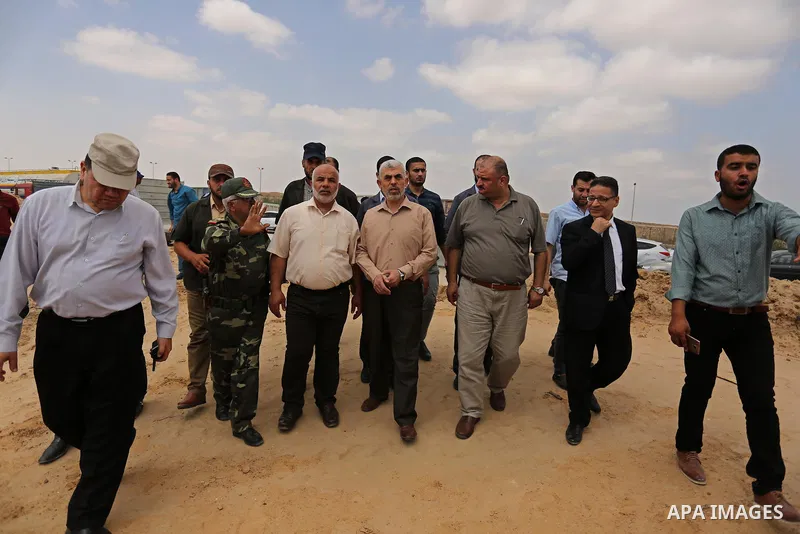 Yahya Sinwar the new leader of the Hamas Islamist movement in the Gaza Strip inspects a section of the border with Egypt, in the southern Gaza strip town of Rafah, on July 6, 2017. The buffer zone is expected to extend f...