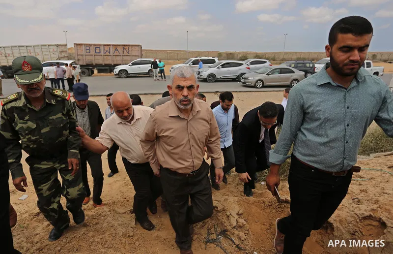Yahya Sinwar the new leader of the Hamas Islamist movement in the Gaza Strip inspects a section of the border with Egypt, in the southern Gaza strip town of Rafah, on July 6, 2017. The buffer zone is expected to extend f...