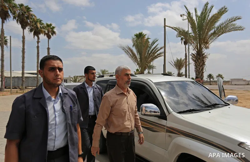 Yahya Sinwar the new leader of the Hamas Islamist movement in the Gaza Strip inspects a section of the border with Egypt, in the southern Gaza strip town of Rafah, on July 6, 2017. The buffer zone is expected to extend f...