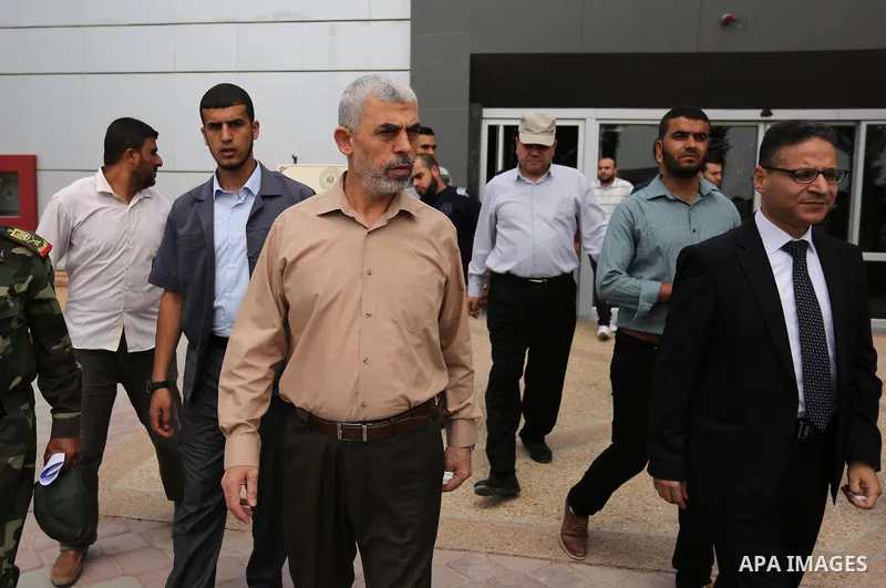 Yahya Sinwar the new leader of the Hamas Islamist movement in the Gaza Strip inspects a section of the border with Egypt, in the southern Gaza strip town of Rafah, on July 6, 2017. The buffer zone is expected to extend f...