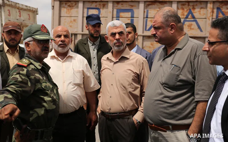 Yahya Sinwar the new leader of the Hamas Islamist movement in the Gaza Strip inspects a section of the border with Egypt, in the southern Gaza strip town of Rafah, on July 6, 2017. The buffer zone is expected to extend f...