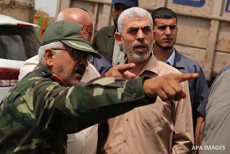 Yahya Sinwar the new leader of the Hamas Islamist movement in the Gaza Strip inspects a section of the border with Egypt, in the southern Gaza strip town of Rafah, on July 6, 2017. The buffer zone is expected to extend f...