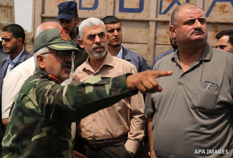 Yahya Sinwar the new leader of the Hamas Islamist movement in the Gaza Strip inspects a section of the border with Egypt, in the southern Gaza strip town of Rafah, on July 6, 2017. The buffer zone is expected to extend f...