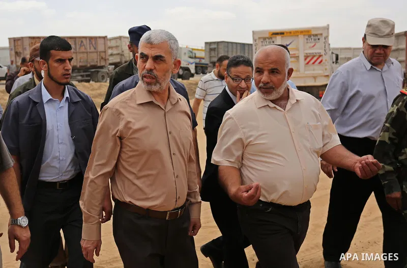 Yahya Sinwar the new leader of the Hamas Islamist movement in the Gaza Strip inspects a section of the border with Egypt, in the southern Gaza strip town of Rafah, on July 6, 2017. The buffer zone is expected to extend f...