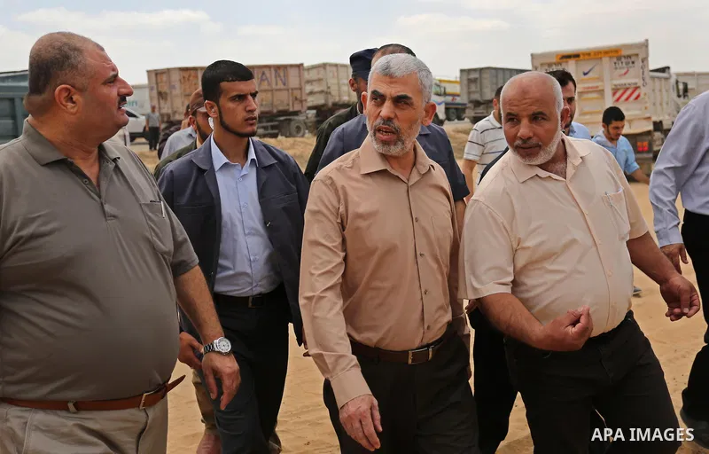 Yahya Sinwar the new leader of the Hamas Islamist movement in the Gaza Strip inspects a section of the border with Egypt, in the southern Gaza strip town of Rafah, on July 6, 2017. The buffer zone is expected to extend f...