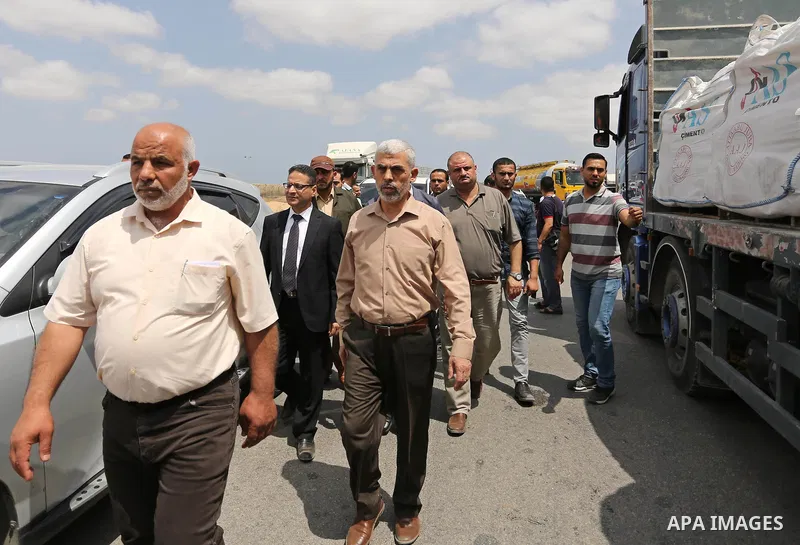 Yahya Sinwar the new leader of the Hamas Islamist movement in the Gaza Strip inspects a section of the border with Egypt, in the southern Gaza strip town of Rafah, on July 6, 2017. The buffer zone is expected to extend f...
