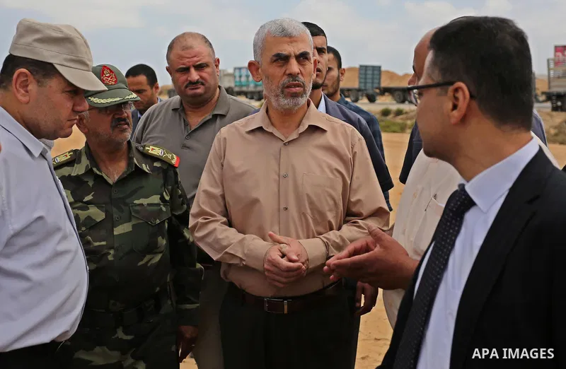 Yahya Sinwar the new leader of the Hamas Islamist movement in the Gaza Strip inspects a section of the border with Egypt, in the southern Gaza strip town of Rafah, on July 6, 2017. The buffer zone is expected to extend f...