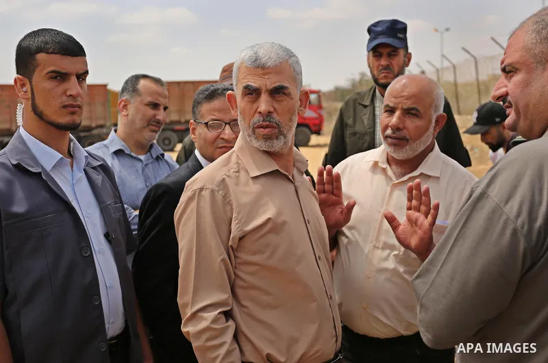 Yahya Sinwar the new leader of the Hamas Islamist movement in the Gaza Strip inspects a section of the border with Egypt, in the southern Gaza strip town of Rafah, on July 6, 2017. The buffer zone is expected to extend f...