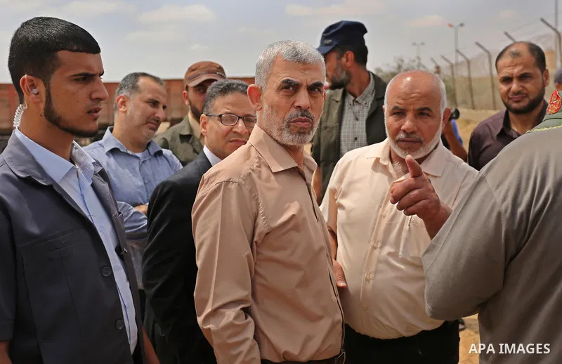 Yahya Sinwar the new leader of the Hamas Islamist movement in the Gaza Strip inspects a section of the border with Egypt, in the southern Gaza strip town of Rafah, on July 6, 2017. The buffer zone is expected to extend f...