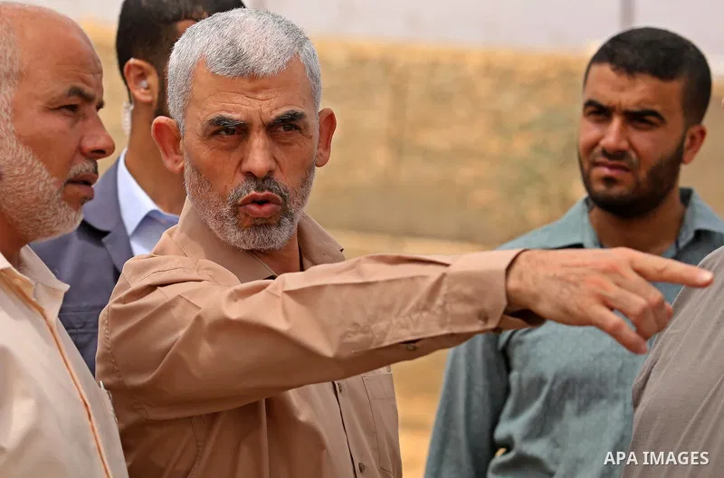 Yahya Sinwar the new leader of the Hamas Islamist movement in the Gaza Strip inspects a section of the border with Egypt, in the southern Gaza strip town of Rafah, on July 6, 2017. The buffer zone is expected to extend f...