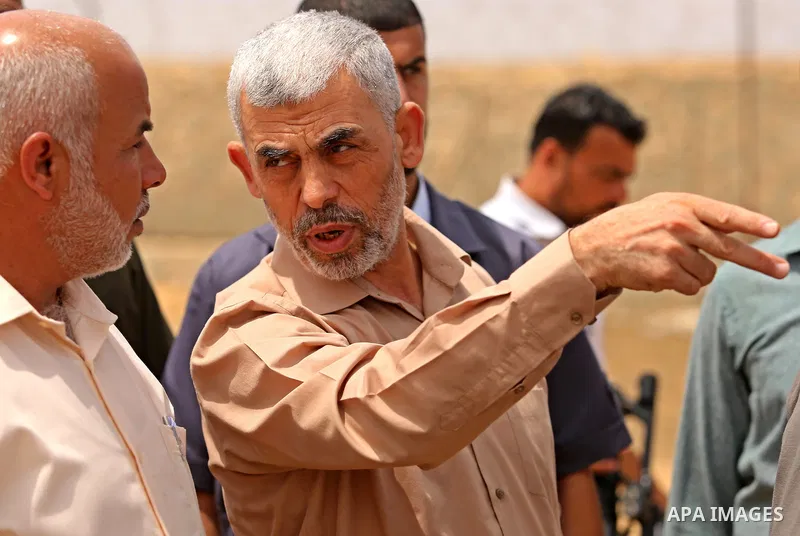 Yahya Sinwar the new leader of the Hamas Islamist movement in the Gaza Strip inspects a section of the border with Egypt, in the southern Gaza strip town of Rafah, on July 6, 2017. The buffer zone is expected to extend f...