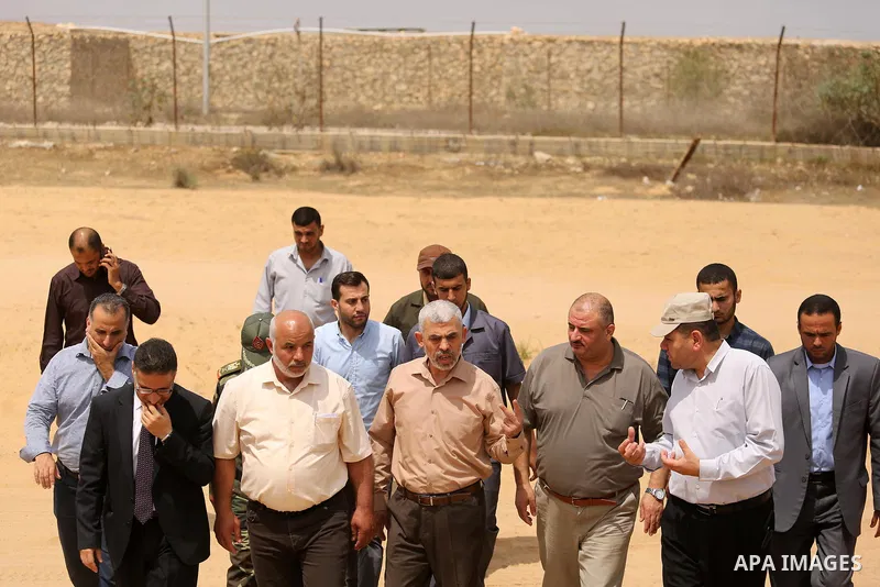 Yahya Sinwar the new leader of the Hamas Islamist movement in the Gaza Strip inspects a section of the border with Egypt, in the southern Gaza strip town of Rafah, on July 6, 2017. The buffer zone is expected to extend f...