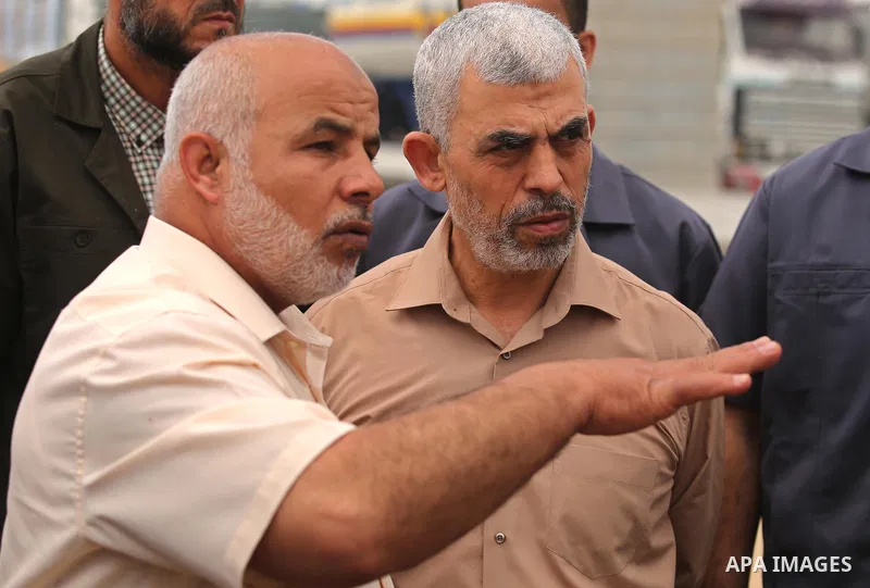 Yahya Sinwar the new leader of the Hamas Islamist movement in the Gaza Strip inspects a section of the border with Egypt, in the southern Gaza strip town of Rafah, on July 6, 2017. The buffer zone is expected to extend f...