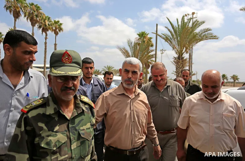 Yahya Sinwar the new leader of the Hamas Islamist movement in the Gaza Strip inspects a section of the border with Egypt, in the southern Gaza strip town of Rafah, on July 6, 2017. The buffer zone is expected to extend f...