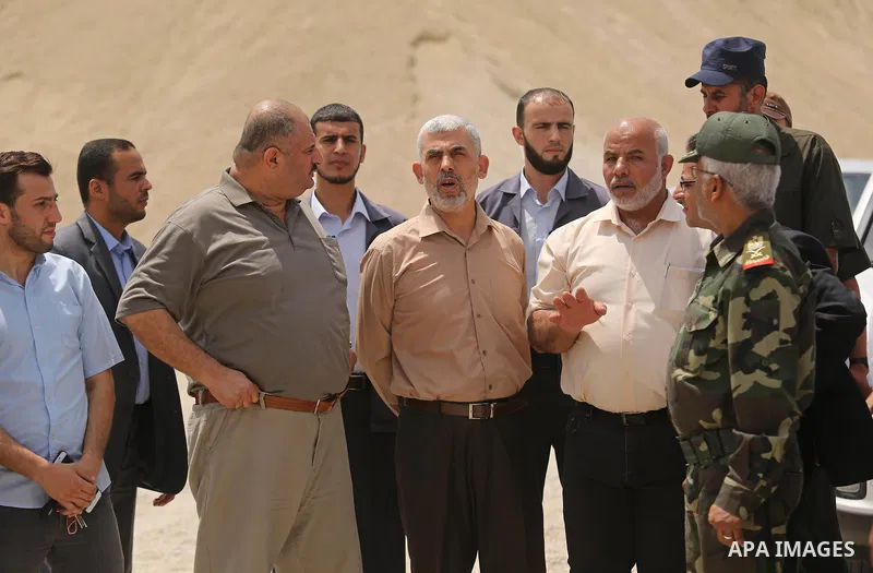 Yahya Sinwar the new leader of the Hamas Islamist movement in the Gaza Strip inspects a section of the border with Egypt, in the southern Gaza strip town of Rafah, on July 6, 2017. The buffer zone is expected to extend f...