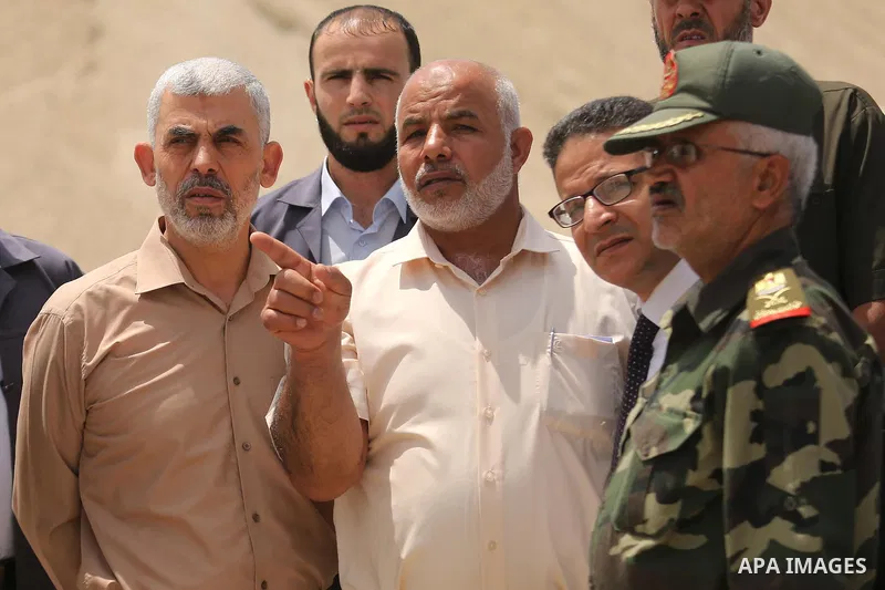 Yahya Sinwar the new leader of the Hamas Islamist movement in the Gaza Strip inspects a section of the border with Egypt, in the southern Gaza strip town of Rafah, on July 6, 2017. The buffer zone is expected to extend f...