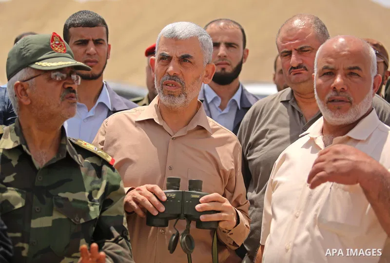Yahya Sinwar the new leader of the Hamas Islamist movement in the Gaza Strip inspects a section of the border with Egypt, in the southern Gaza strip town of Rafah, on July 6, 2017. The buffer zone is expected to extend f...